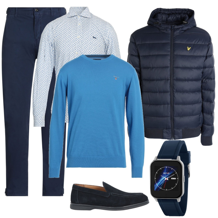 Outfit uomo - Camicia e pullover per la sera. Stile Trendy per Serata speciale. Abbinamento con orologi, pantaloni, camicie, pullovers, piumini, scarpe stringate.