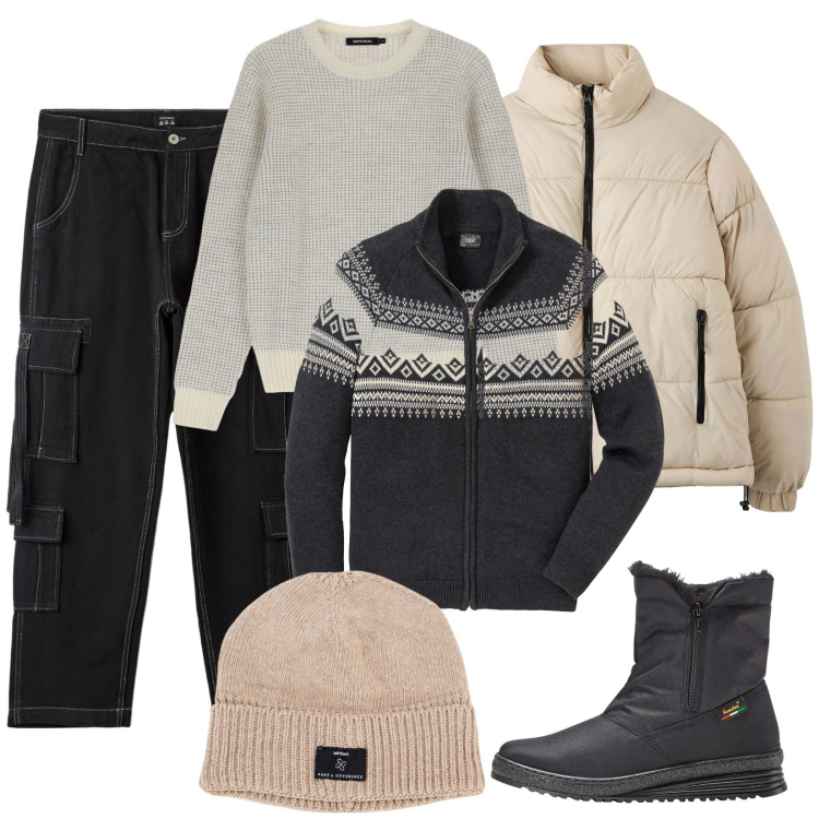 Outfit uomo - Weekend in montagna. Stile Casual per Tutti i giorni. Abbinamento con stivali e stivaletti, cardigans, pantaloni cargo, piumini, berretti, pullovers.