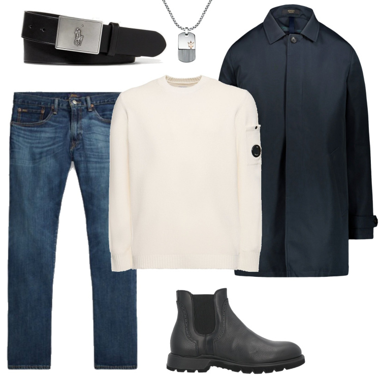 Outfit uomo - Giornata uggiosa. Stile Casual per Tutti i giorni. Abbinamento con stivali e stivaletti, collane, jeans dritti, cinture, giacche, maglieria.