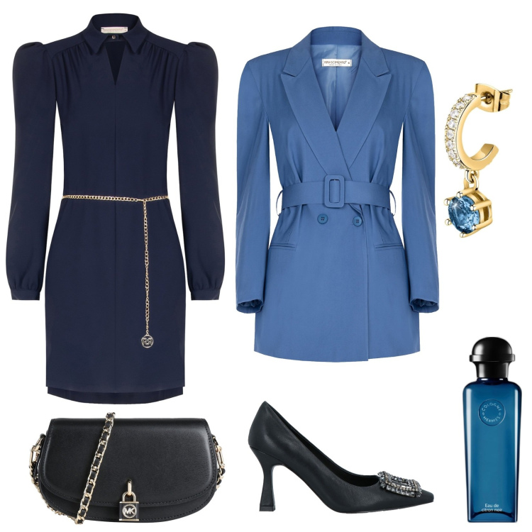 Outfit donna - Curvy al cocktail party. Stile Chic per Cerimonia. Abbinamento con décolleté, borse a tracolla, orecchini, profumi, vestiti midi/longuette, blazer.