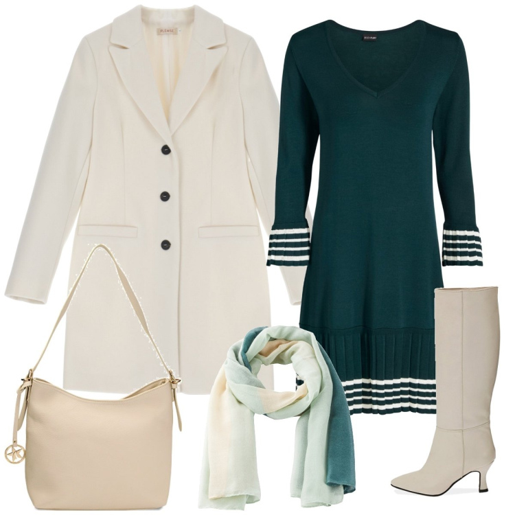 Outfit donna - In maglia. Stile Casual chic per Tutti i giorni. Abbinamento con vestiti, sciarpe, cappotti, stivali, borse a spalla.