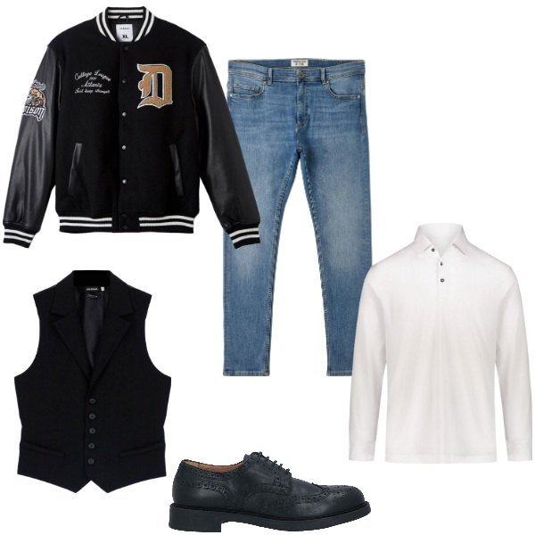 Outfit uomo - elegante in jeans. Stile Trendy per Serata speciale. Abbinamento con gilet, polo, scarpe stringate, jeans skinny, bomber.