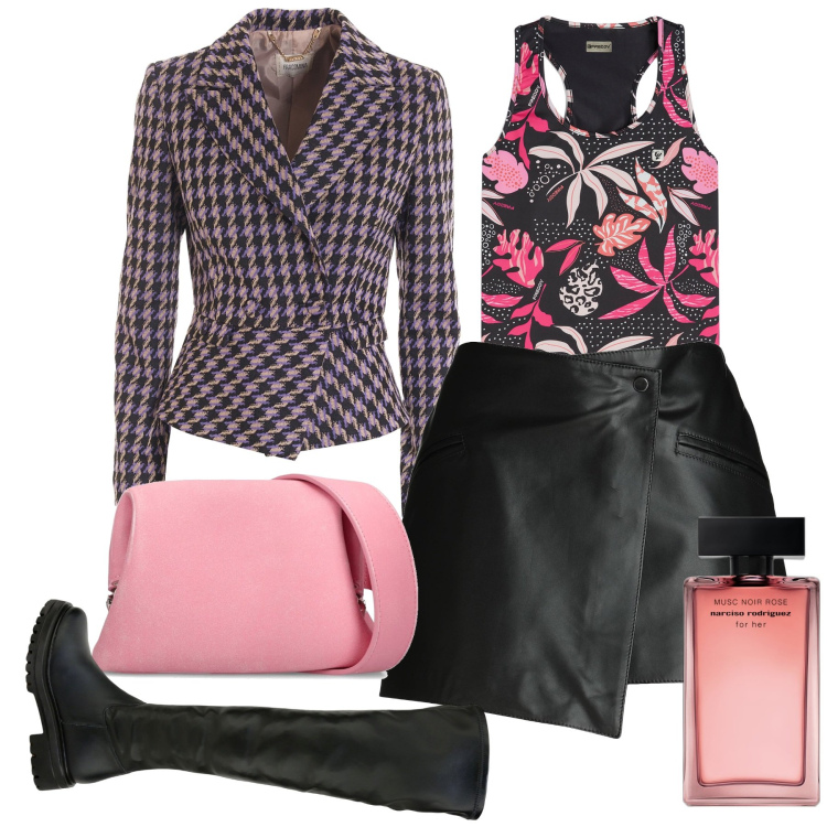 Outfit donna - Inverno city. Stile Chic per Serata fuori. Abbinamento con minigonne, profumi, blazer, canottiere, stivali sopra il ginocchio, borse a spalla.