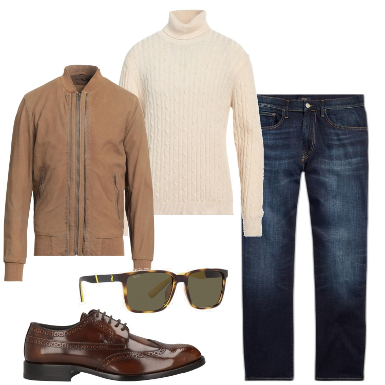 Outfit uomo - Un uomo che convince. Stile Casual per Tutti i giorni. Abbinamento con bomber, maglieria, scarpe stringate, jeans dritti, occhiali da sole.