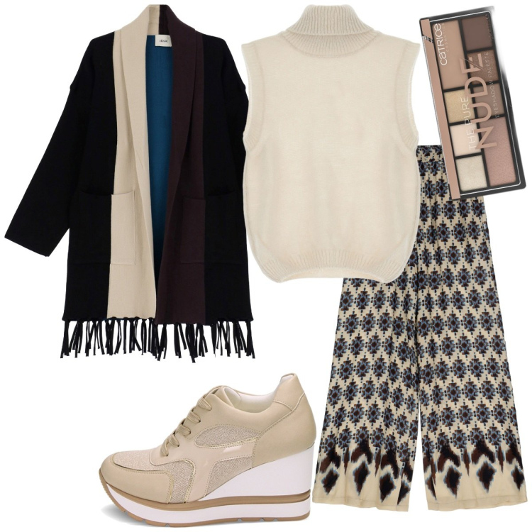 Outfit donna - Total look #1820723. Stile Casual per Tutti i giorni. Abbinamento con ombretti, pantaloni a palazzo, maglieria, sneakers, cappotti.