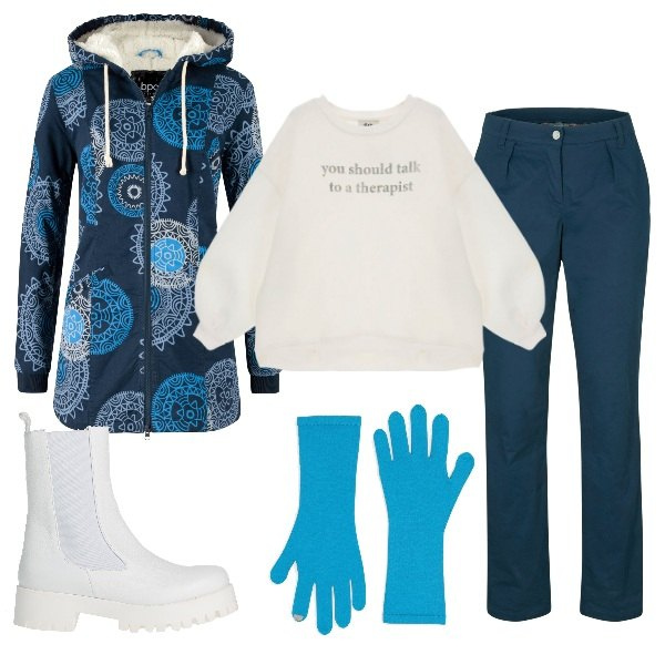 Outfit donna - Passeggiata terapeutica. Stile Casual per Tutti i giorni. Abbinamento con parka, pantaloni, stivaletti, felpe, guanti.