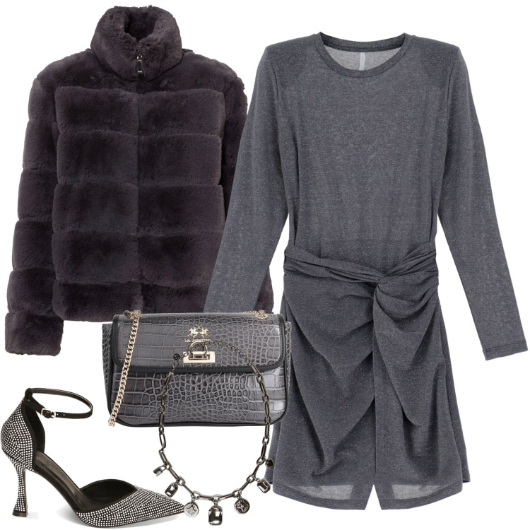 Outfit donna - Serata. Stile Chic per Serata fuori. Abbinamento con ecopellicce, borse a tracolla, vestiti corti, décolleté, collane.