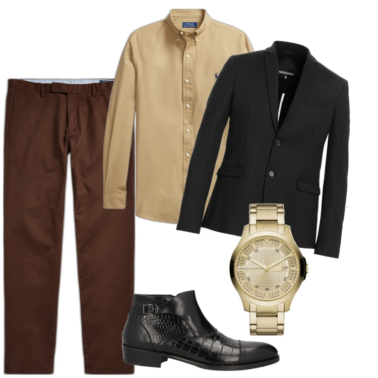 Outfit uomo - Serata così. Stile Trendy per Serata speciale. Abbinamento con giacche, stivali e stivaletti, orologi, pantaloni chino, camicie.