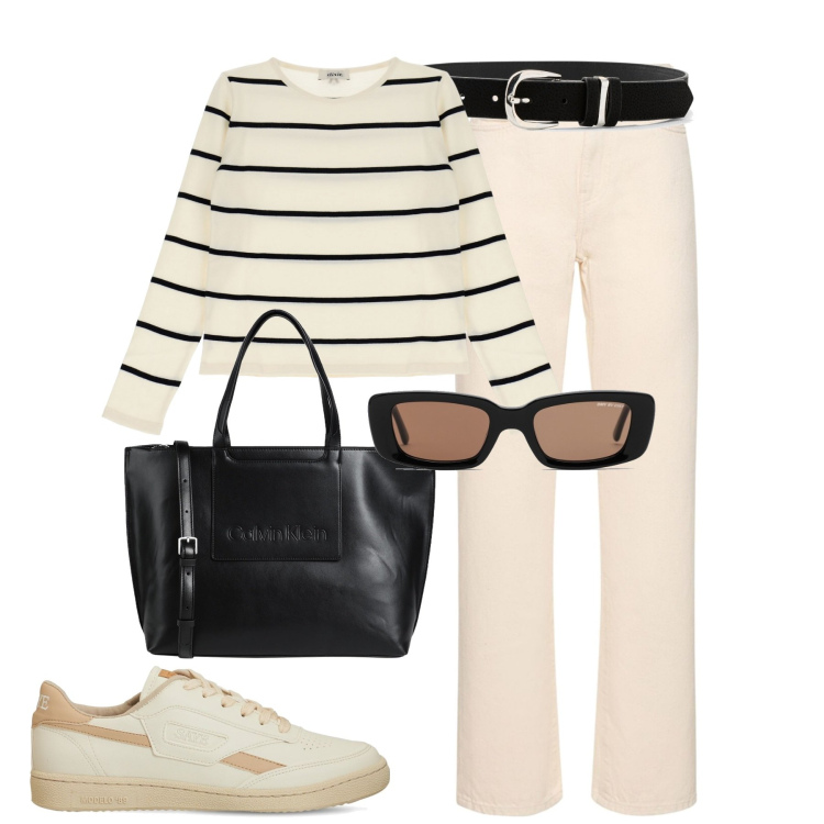 Outfit donna - City. Stile Urban per Tutti i giorni. Abbinamento con cinture, borse a mano, maglieria, sneakers, occhiali da sole, jeans dritti.