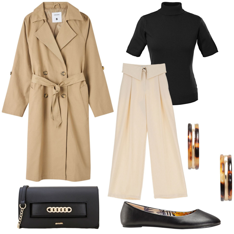 Outfit donna - Trench stile parigino. Stile Glamour per Tutti i giorni. Abbinamento con ballerine, maglieria, trench, pantaloni a palazzo, pochette, orecchini.
