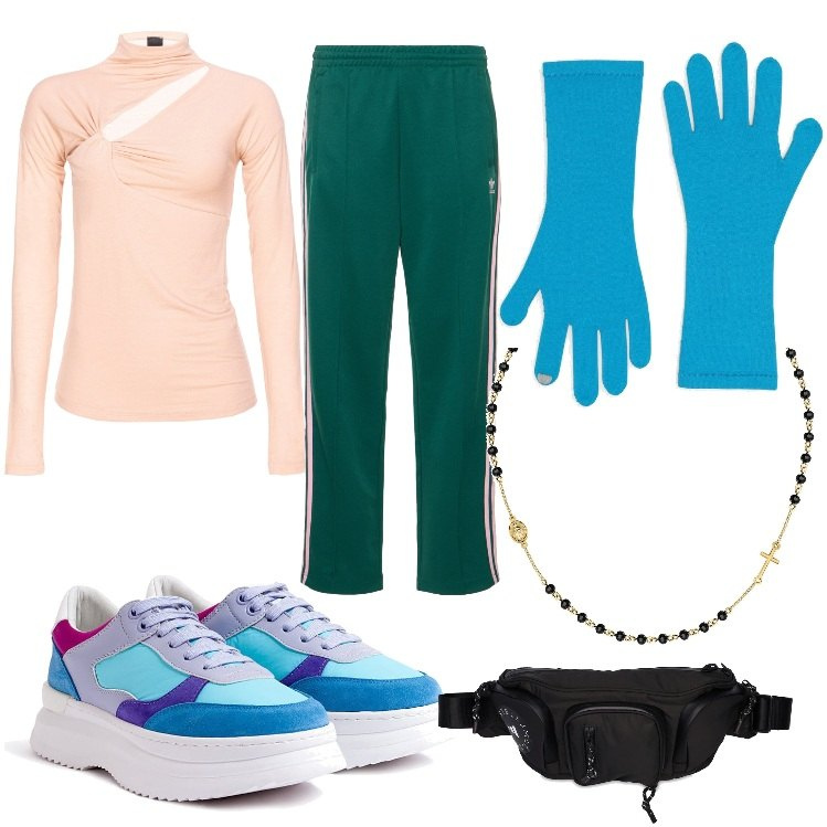Outfit donna - guanti e tuta. Stile Sporty chic per Tutti i giorni. Abbinamento con collane, maglieria, sneakers, guanti, marsupi, pantaloni.