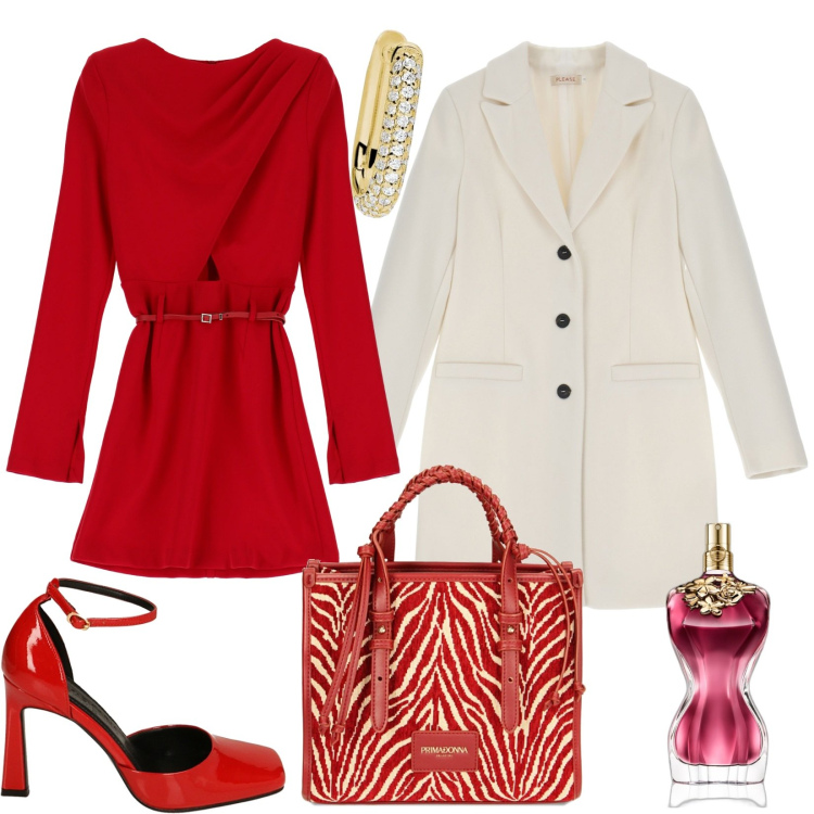 Outfit donna - Festa di compleanno in rosso. Stile Romantica per Serata fuori. Abbinamento con profumi, orecchini, cappotti, vestiti corti, borse a mano, décolleté.