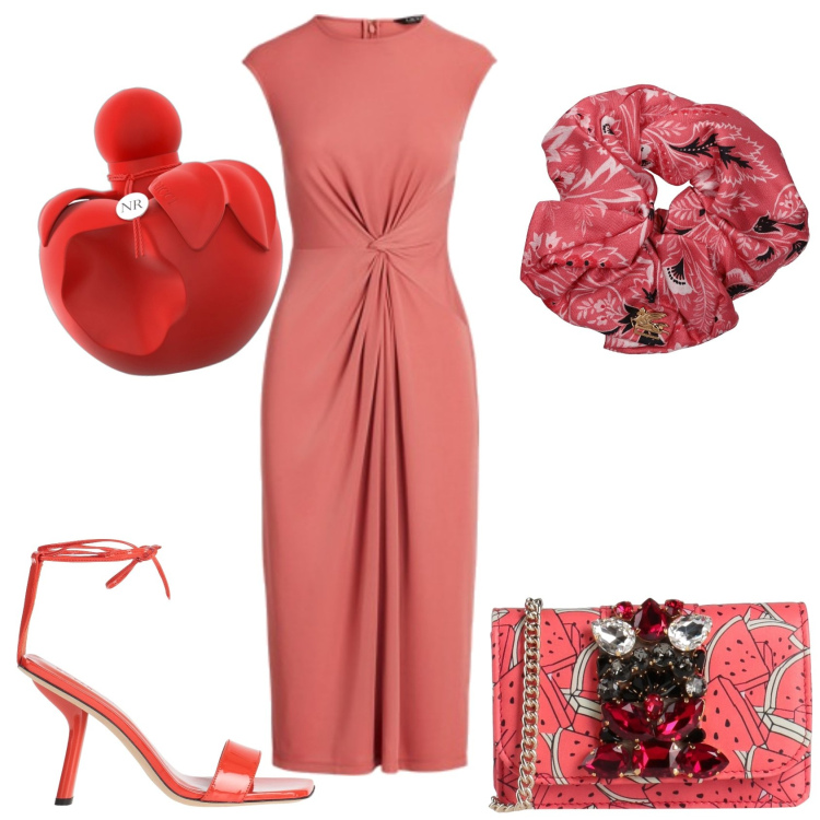 Outfit donna - Bella in rosso chiaro. Stile Chic per Cerimonia. Abbinamento con borse a tracolla, sandali in pelle, profumi, vestiti a tubino, accessori per capelli.