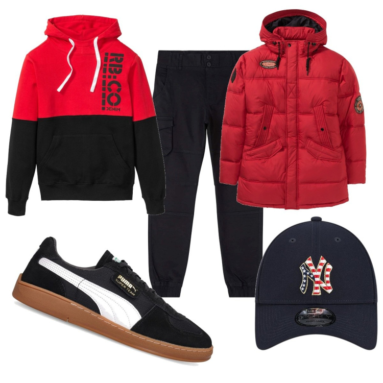Outfit uomo - Total look #1820830. Stile Trendy per Tutti i giorni. Abbinamento con felpe con cappuccio, cappotti, pantaloni cargo, sneakers, cappelli.