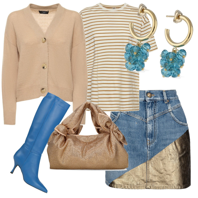 Outfit donna - Gonna denim. Stile Casual per Tutti i giorni. Abbinamento con stivali, minigonne, cardigans, t-shirt, borse a mano, orecchini.