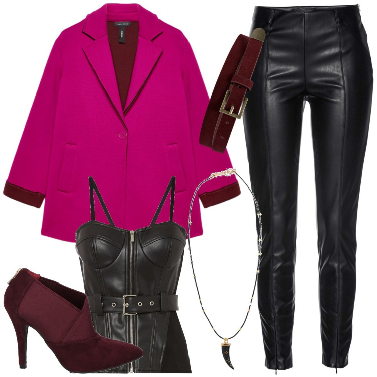Outfit donna - Total look #1820894. Stile Rock per Serata fuori. Abbinamento con top, treggings, stivaletti, collane, cinture, blazer.