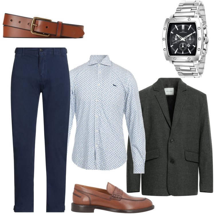 Outfit uomo - In ufficio. Stile Business/Elegante per Tutti i giorni. Abbinamento con cinture, pantaloni, giacche, scarpe stringate, camicie, orologi.