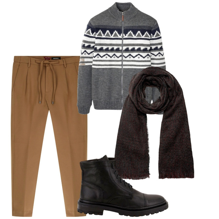 Outfit uomo - City. Stile Casual per Tutti i giorni. Abbinamento con cardigans, pantaloni, scarpe stringate, sciarpe.