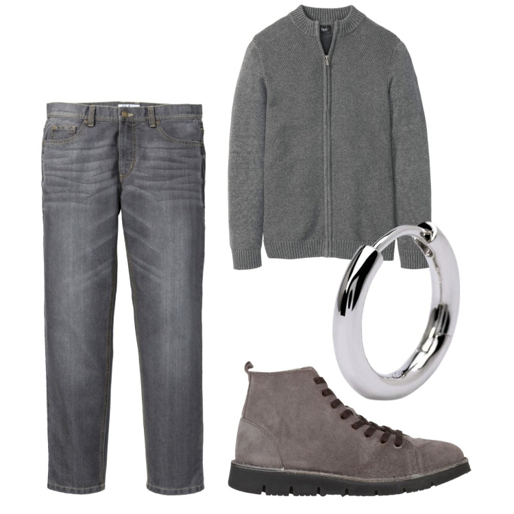 Outfit uomo - Con l\'orecchino. Stile Casual per Tutti i giorni. Abbinamento con jeans dritti, cardigans, stivali e stivaletti, orecchini.