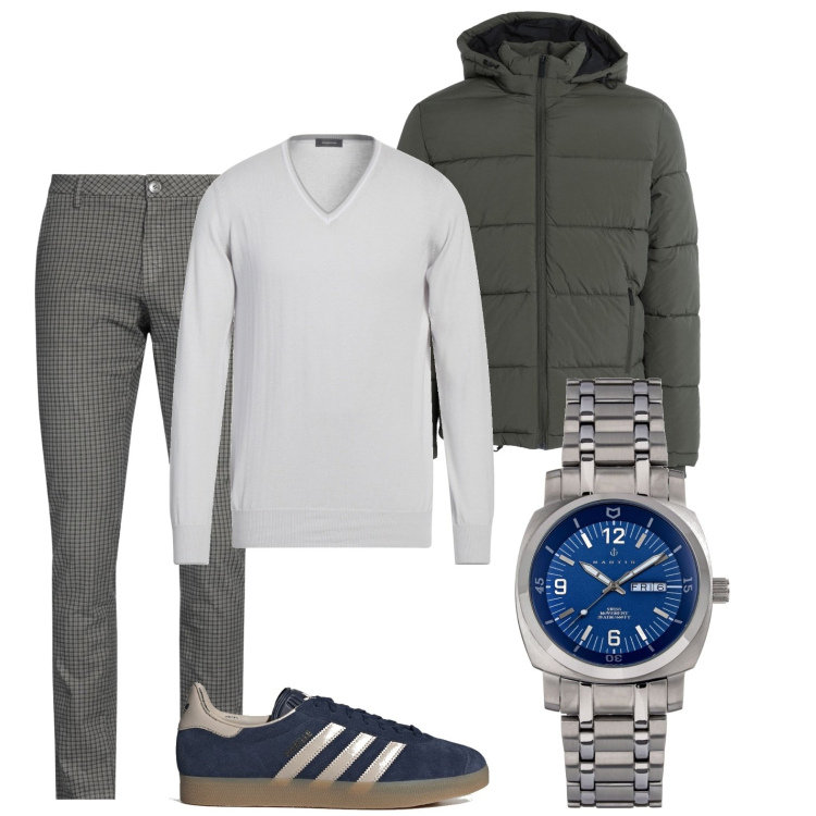 Outfit uomo - Classe e comodità. Stile Casual per Tutti i giorni. Abbinamento con pantaloni, orologi, piumini, pullovers, sneakers.
