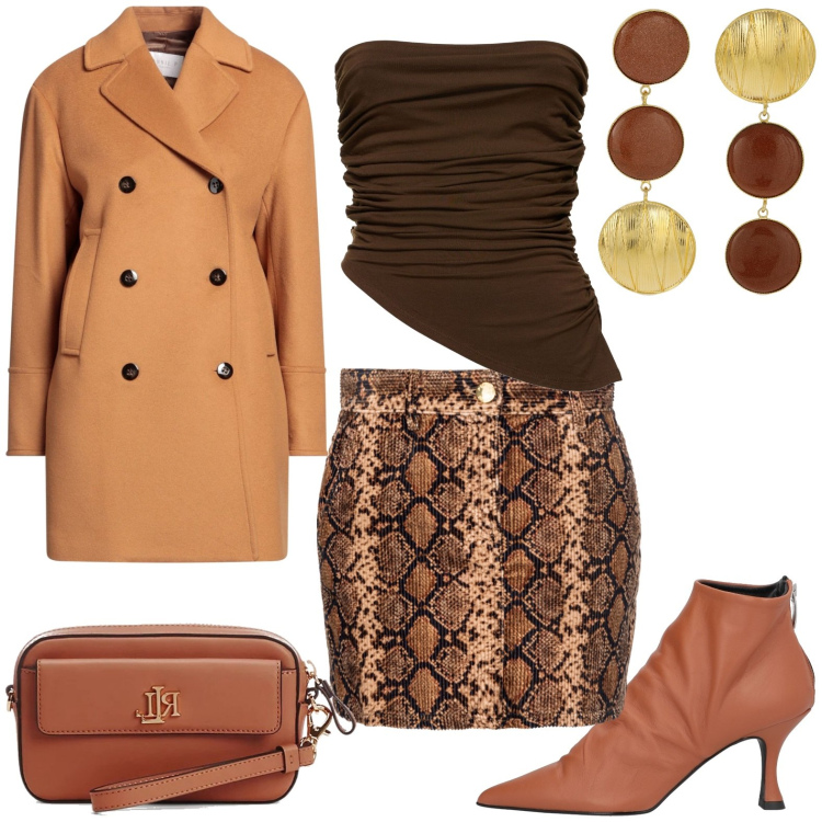 Outfit donna - Mini. Stile Casual per Tutti i giorni. Abbinamento con cappotti, stivaletti, minigonne, pochette, top, orecchini.