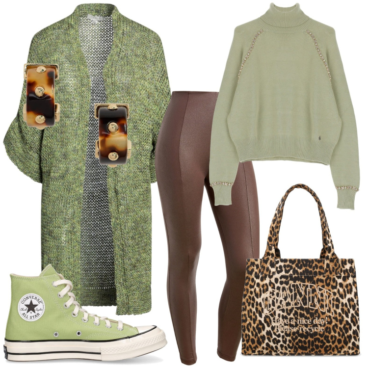 Outfit donna - Cardigan e leggins. Stile Casual per Tutti i giorni. Abbinamento con cardigans, pantaloni skinny, maglieria, orecchini, sneakers, shopping bag.