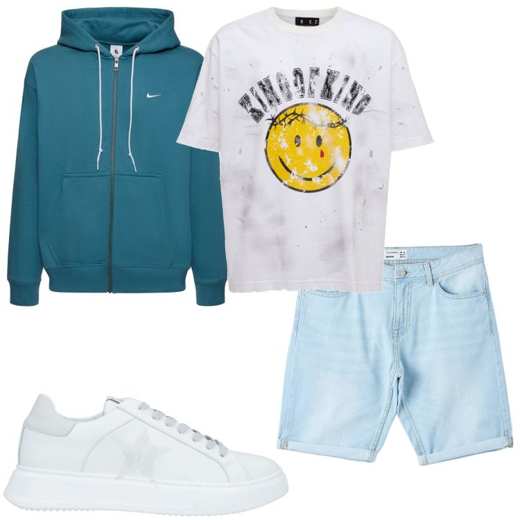 Outfit uomo - Bermuda e felpa. Stile Urban per Tutti i giorni. Abbinamento con sneakers, bermuda, felpe con cappuccio, t-shirt.