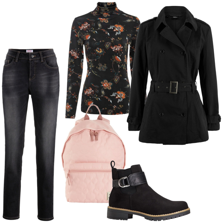Outfit donna - Total look #1820963. Stile Casual per Tutti i giorni. Abbinamento con stivaletti, maglieria, trench, jeans boyfriend, zaini.