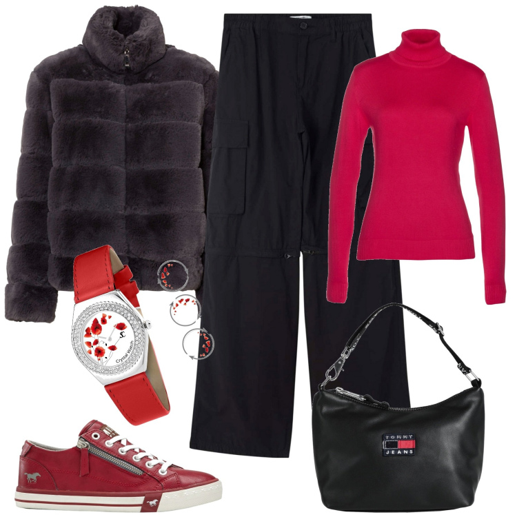 Outfit donna - Lunedì mattina. Stile Casual chic per Tutti i giorni. Abbinamento con sneakers, maglieria, ecopellicce, borse a mano, orologi, pantaloni cargo.