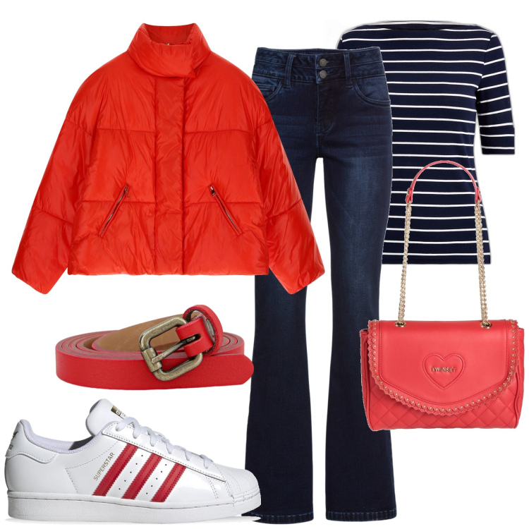 Outfit donna - City. Stile Casual chic per Tutti i giorni. Abbinamento con jeans bootcut, borse a mano, cinture, piumini, maglieria, sneakers.