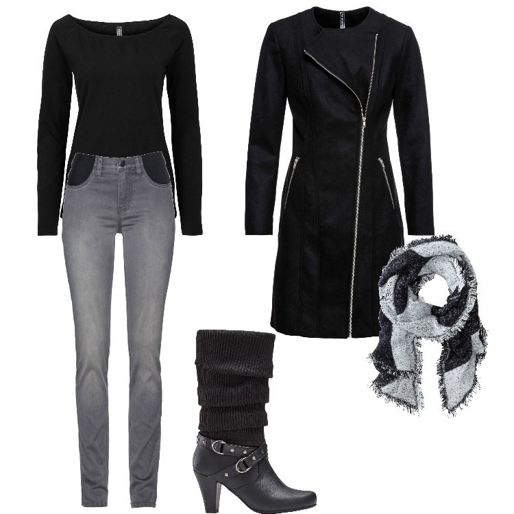 Outfit donna - Total look #1820999-Febbraio. Stile Rock per Tutti i giorni. Abbinamento con jeans, stivali, cappotti, maglieria, sciarpe.