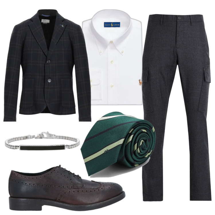 Outfit uomo - Giovanni: giacca & cravatta. Stile Business/Elegante per Ufficio. Abbinamento con giacche, pantaloni cargo, scarpe stringate, braccialetti, camicie, cravatte.