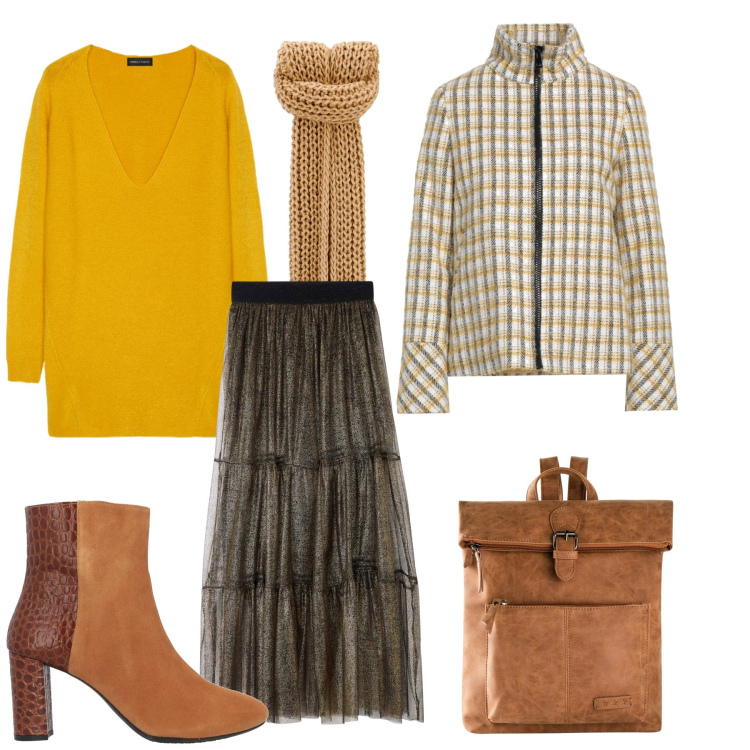 Outfit donna - L\'amica estrosa di giallo vestita. Stile Casual per Tutti i giorni. Abbinamento con zaini, stivaletti, cappotti, gonne, sciarpe, maglieria.
