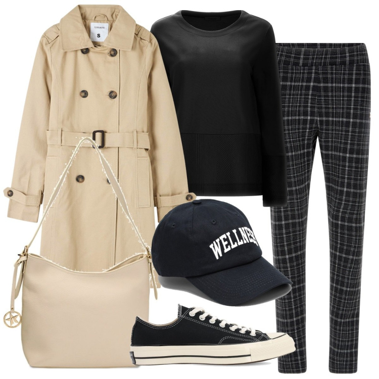 Outfit donna - Trench every day. Stile Sporty chic per Tutti i giorni. Abbinamento con trench, pantaloni, felpe, borse a spalla, sneakers, cappelli.