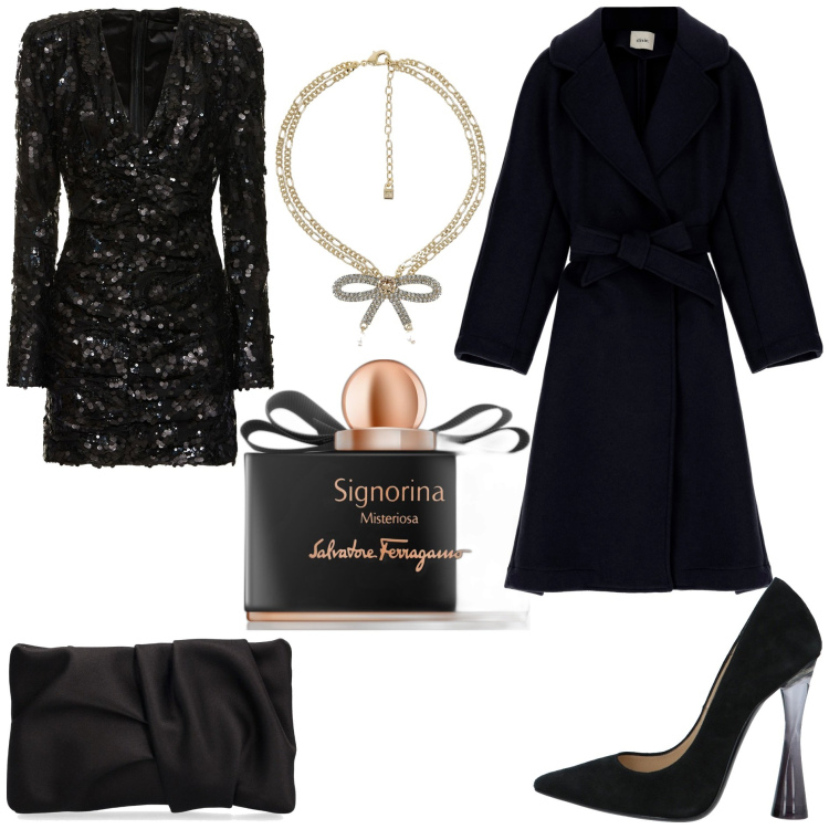 Outfit donna - Cerimonia inizio Marzo. Stile Chic per Cerimonia. Abbinamento con décolleté, profumi, cappotti, vestiti, collane, pochette.