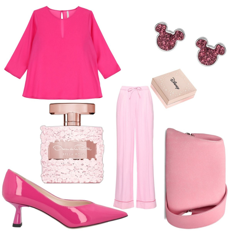 Outfit donna - A tutto Pink. Stile Chic per Cerimonia. Abbinamento con orecchini, décolleté, profumi, bluse, pantaloni, borse a spalla.