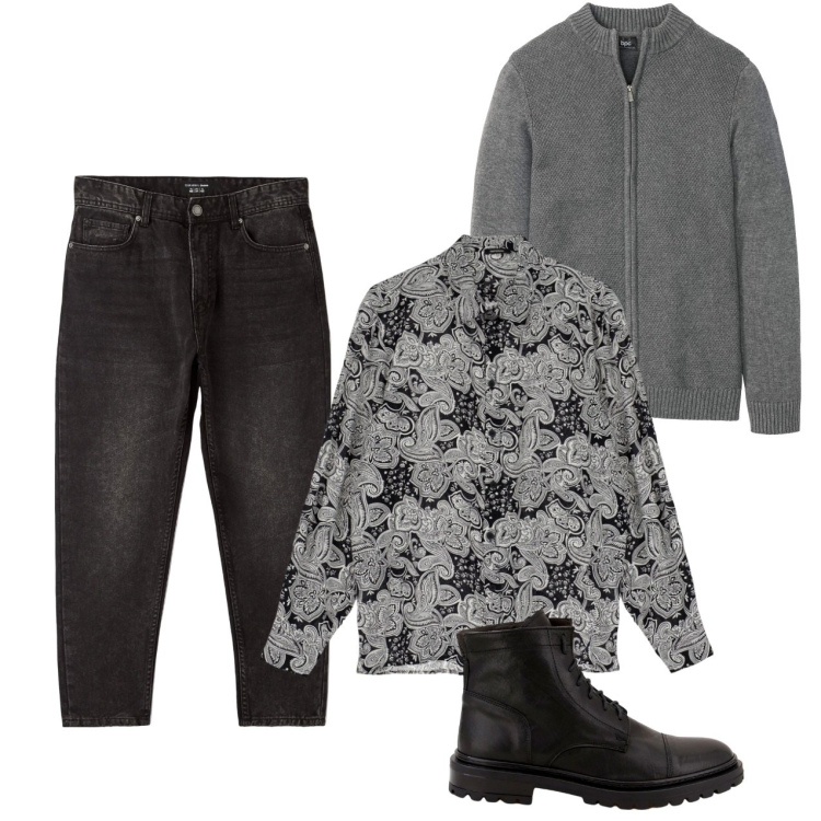 Outfit uomo - Toni grigi. Stile Urban per Tutti i giorni. Abbinamento con cardigans, jeans, scarpe stringate, camicie.