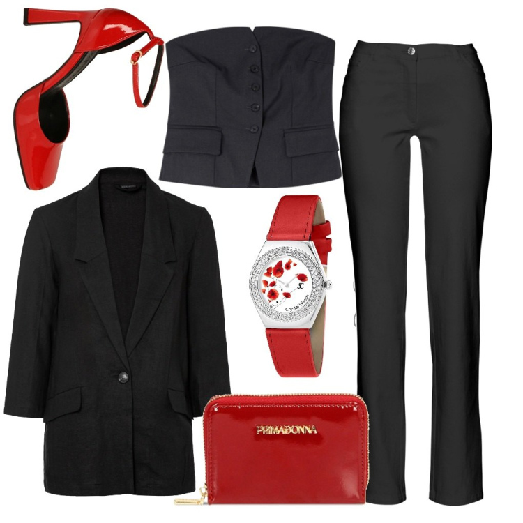 Outfit donna - Pamela: maxi blazer & mini top. Stile Sexy per Serata fuori. Abbinamento con pantaloni, blazer, orologi, top, portafogli, décolleté.