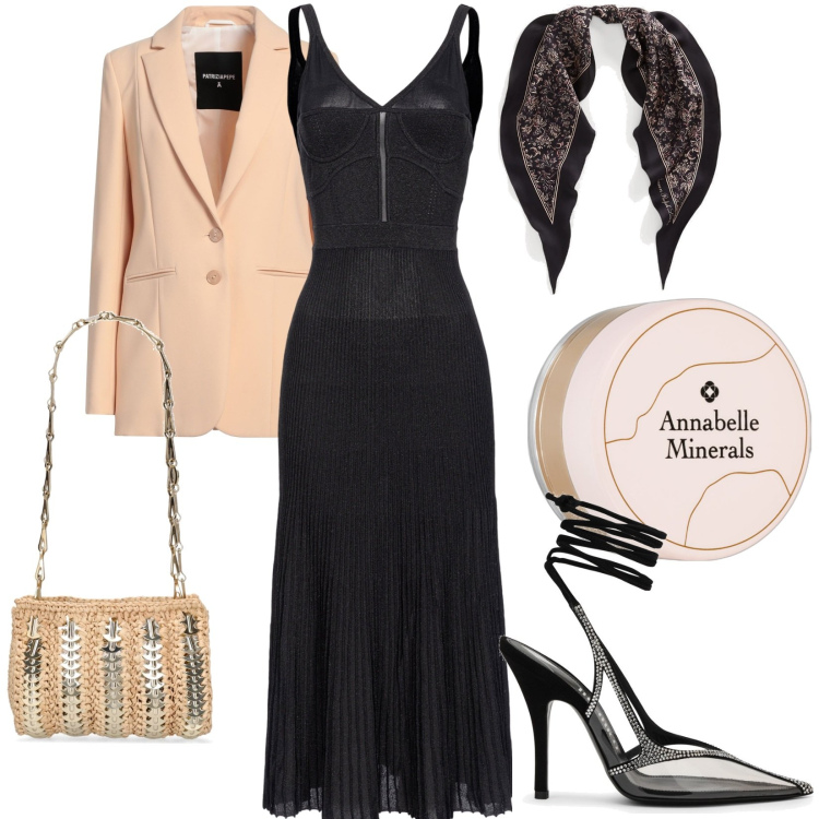 Outfit donna - Il maxi blazer per la sera. Stile Chic per Serata fuori. Abbinamento con blazer, fondotinta, vestiti midi/longuette, foulard, scarpe col tacco, borse a spalla.