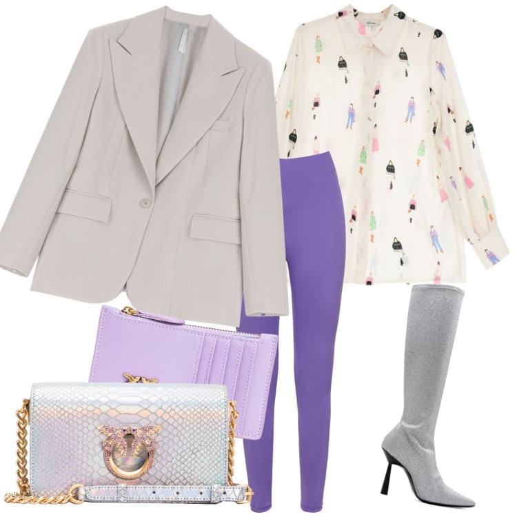 Outfit donna - Sporty chic. Stile Sporty chic per Tutti i giorni. Abbinamento con portafogli, borse a tracolla, blazer, camicie, leggings, stivali.