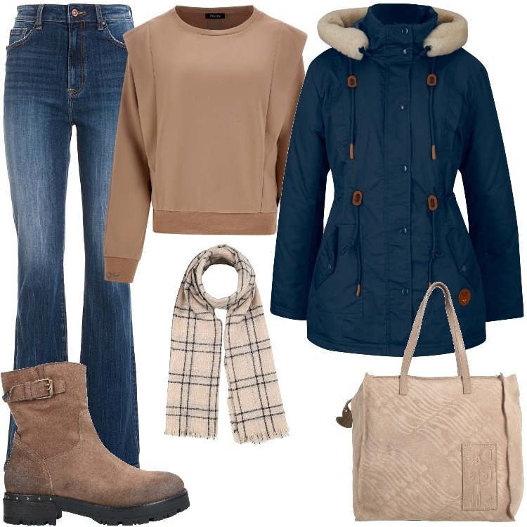 Outfit donna - Outfit da giorno. Stile Urban per Tutti i giorni. Abbinamento con parka, stivaletti, borse a mano, sciarpe, jeans bootcut, maglieria.