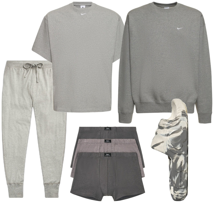 Outfit uomo - Grigio per la notte. Stile Casual per Tutti i giorni. Abbinamento con boxer, pantaloni, t-shirt, felpe, sandali.