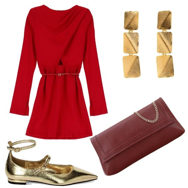 Outfit donna - oufit da sera. Stile Casual chic per Serata fuori. Abbinamento con vestiti corti, ballerine, pochette, orecchini.