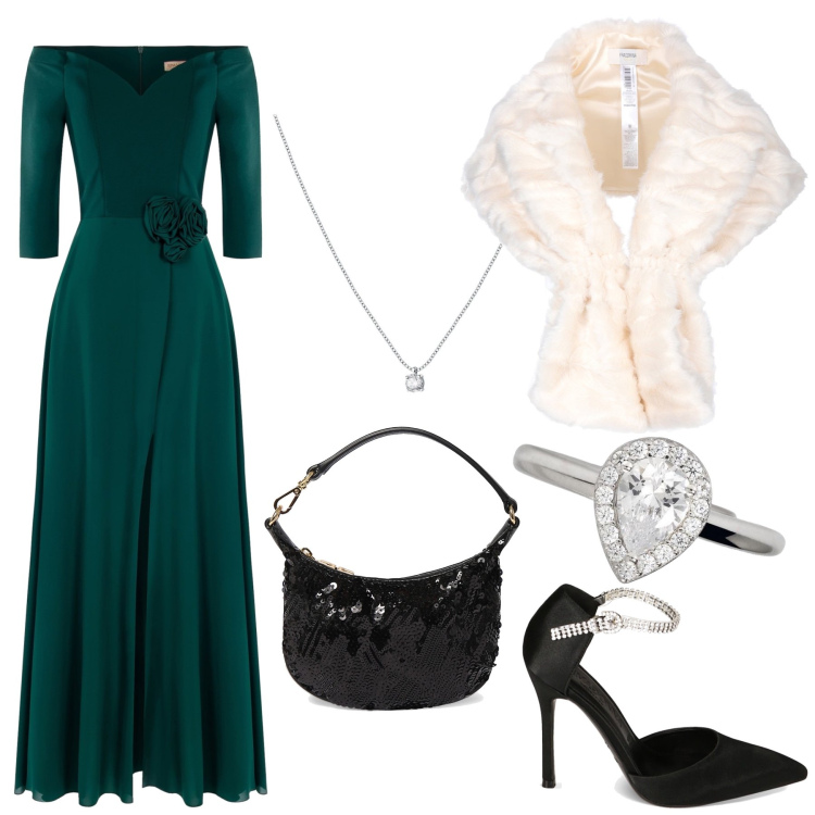 Outfit donna - Caldo ma non troppo. Stile Romantica per Cerimonia. Abbinamento con collane, anelli, vestiti lunghi, stole, décolleté, pochette.