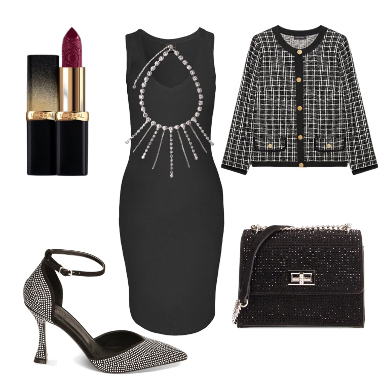Outfit donna - Serata splendida taglia over. Stile Bon Ton per Serata fuori. Abbinamento con vestiti, rossetti, borse a tracolla, décolleté, cappotti, collane.