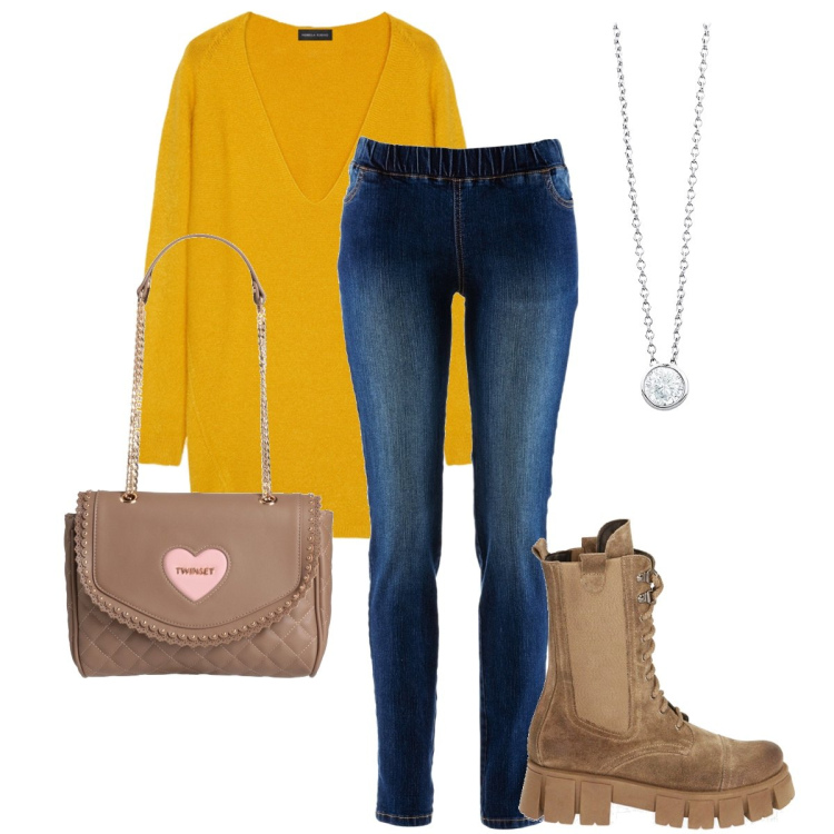 Outfit donna - Giallo in febbraio. Stile Basic per Tutti i giorni. Abbinamento con treggings, borse a spalla, collane, anfibi, maglieria.