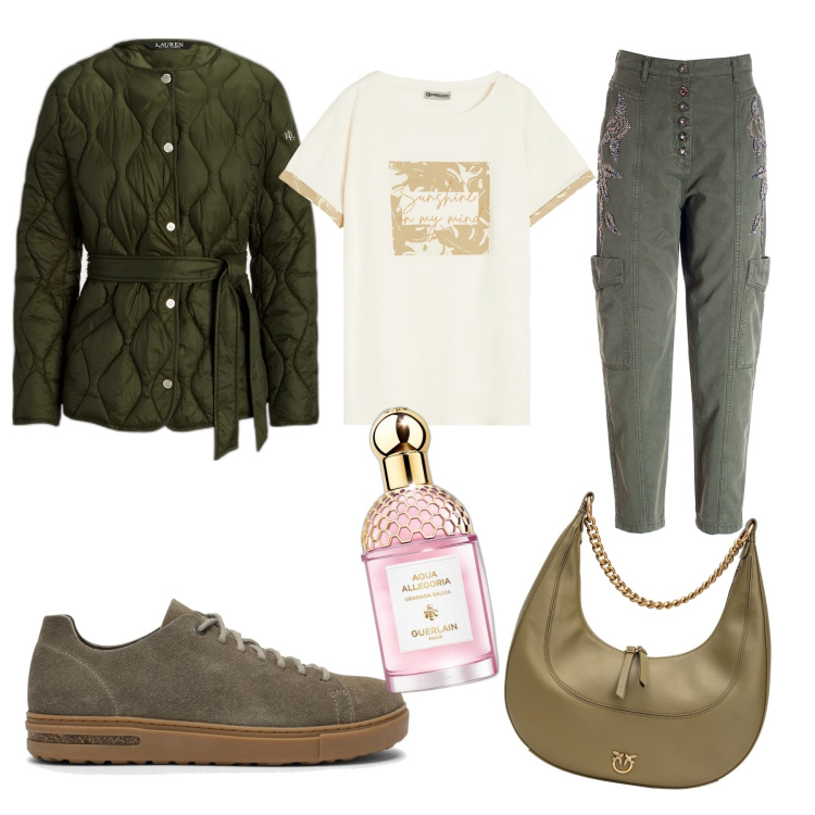 Outfit donna - In montagna. Stile Casual per Tutti i giorni. Abbinamento con profumi, borse a spalla, pantaloni, t-shirt, giacche, sneakers.