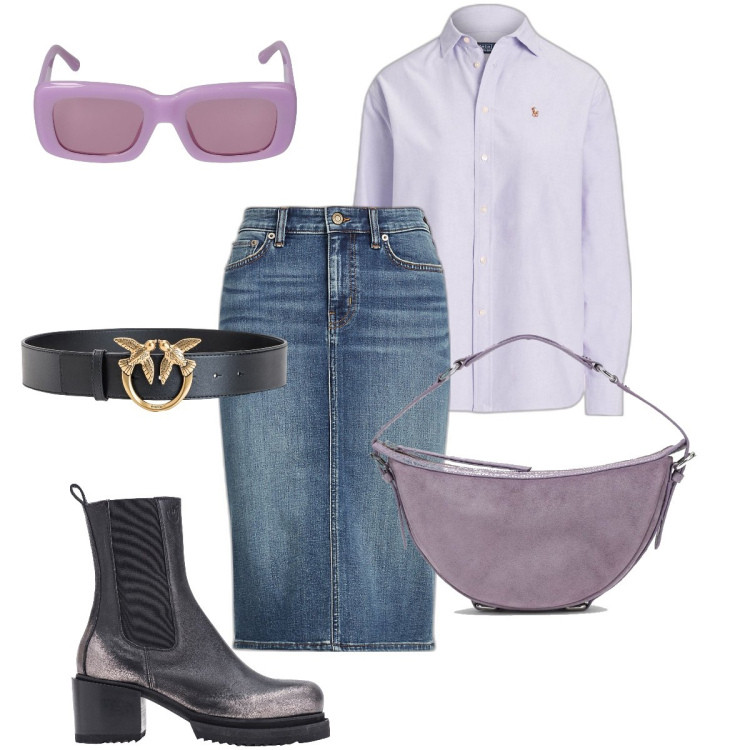 Outfit donna - La camicia lilla. Stile Urban per Tutti i giorni. Abbinamento con stivaletti chelsea, cinture, gonne, camicie, borse a spalla, occhiali da sole.