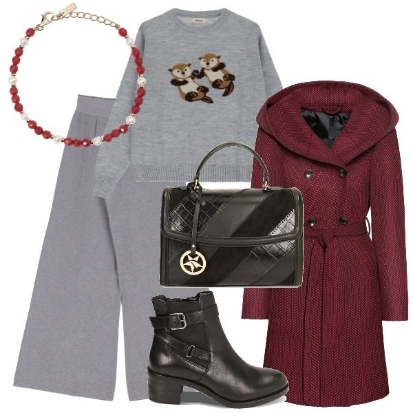 Outfit donna - Grigio e burgundy. Stile Chic per Serata fuori. Abbinamento con cappotti, braccialetti, borse a mano, stivaletti chelsea, pullovers, pantaloni.