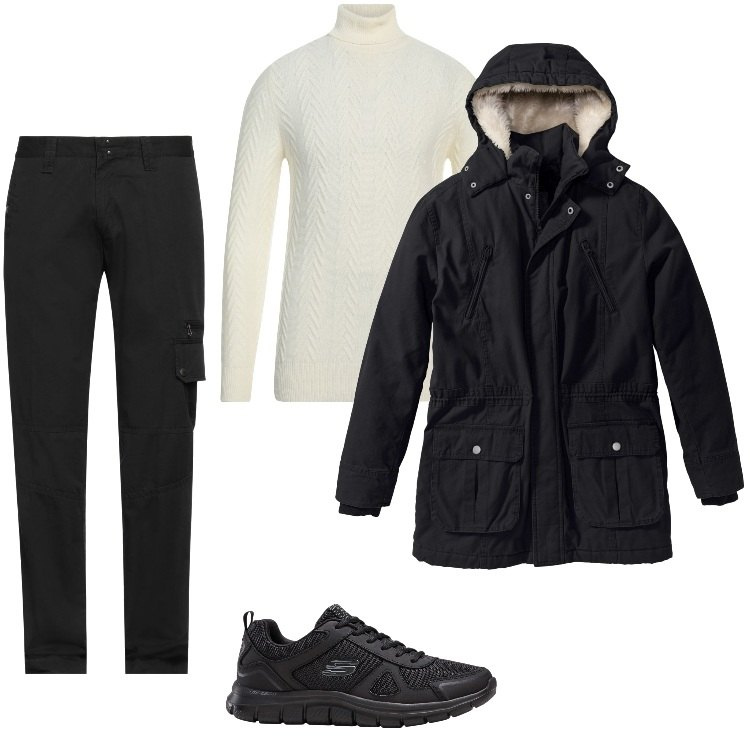 Outfit uomo - Sneaker Skechers con memory foam. Stile Casual per Tutti i giorni. Abbinamento con parka, sneakers, maglieria, pantaloni.